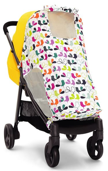 Birdy patterned stroller sleep shade with multicolor bird print