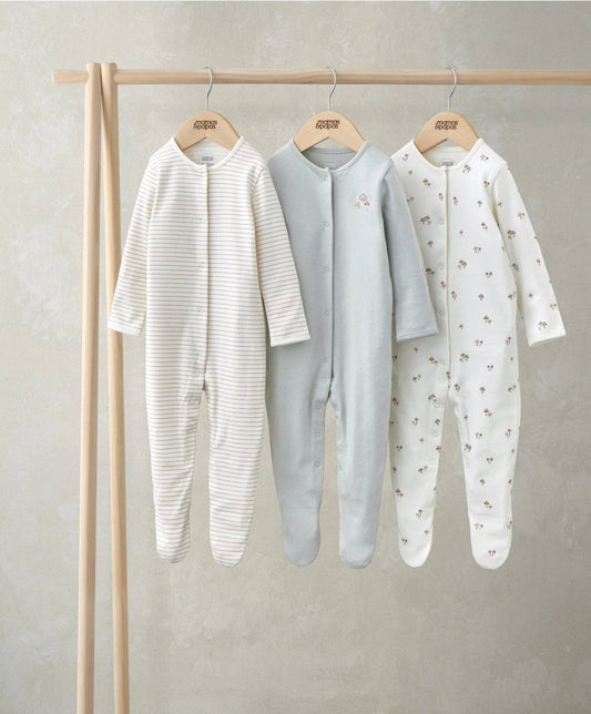 Newborn sleepsuit set of 3: white stripe, light blue plain, white all-over mushroom print.