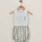 White sleeveless bodysuit with front pocket and striped pastel shorts