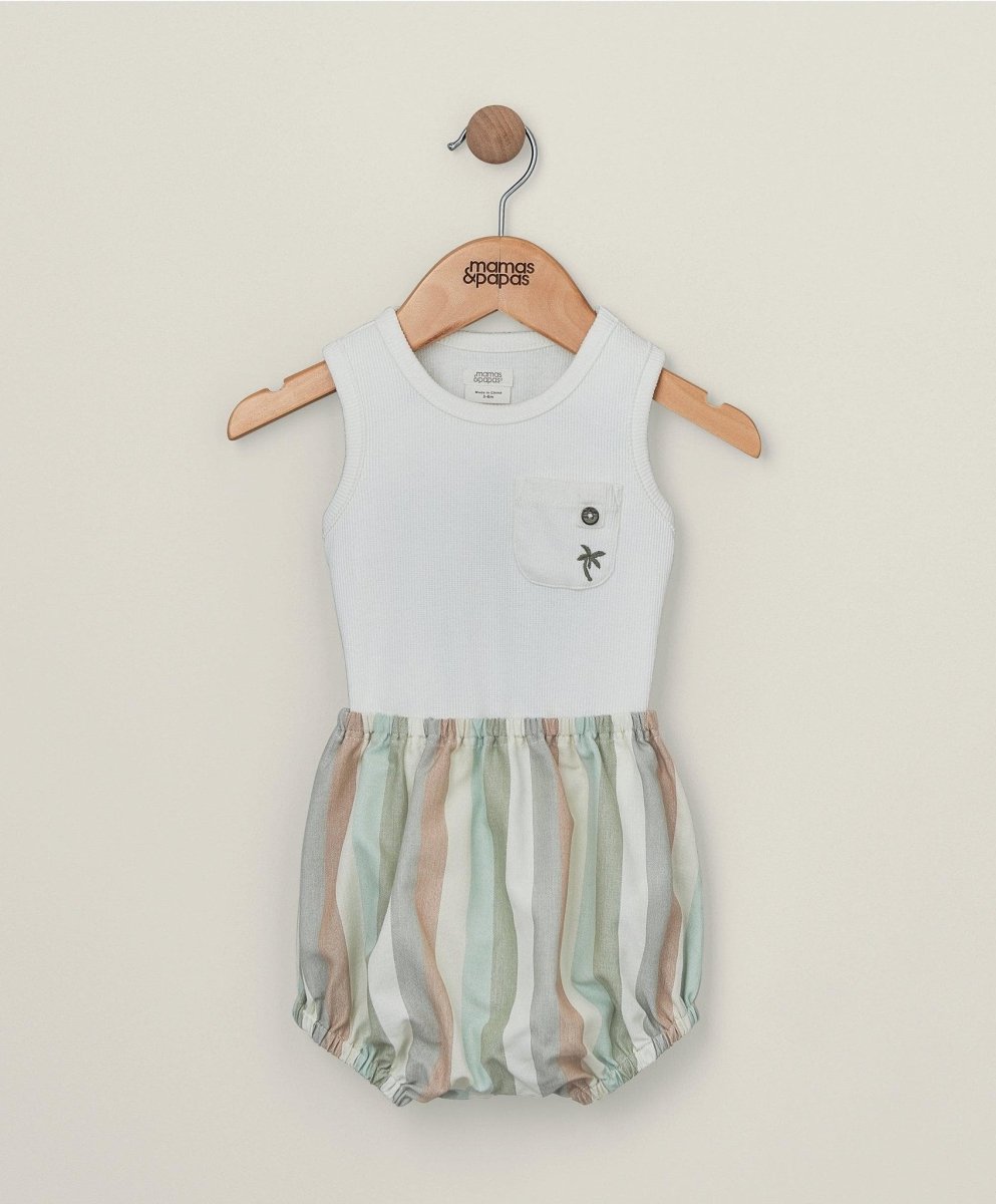 White sleeveless bodysuit with front pocket and striped pastel shorts