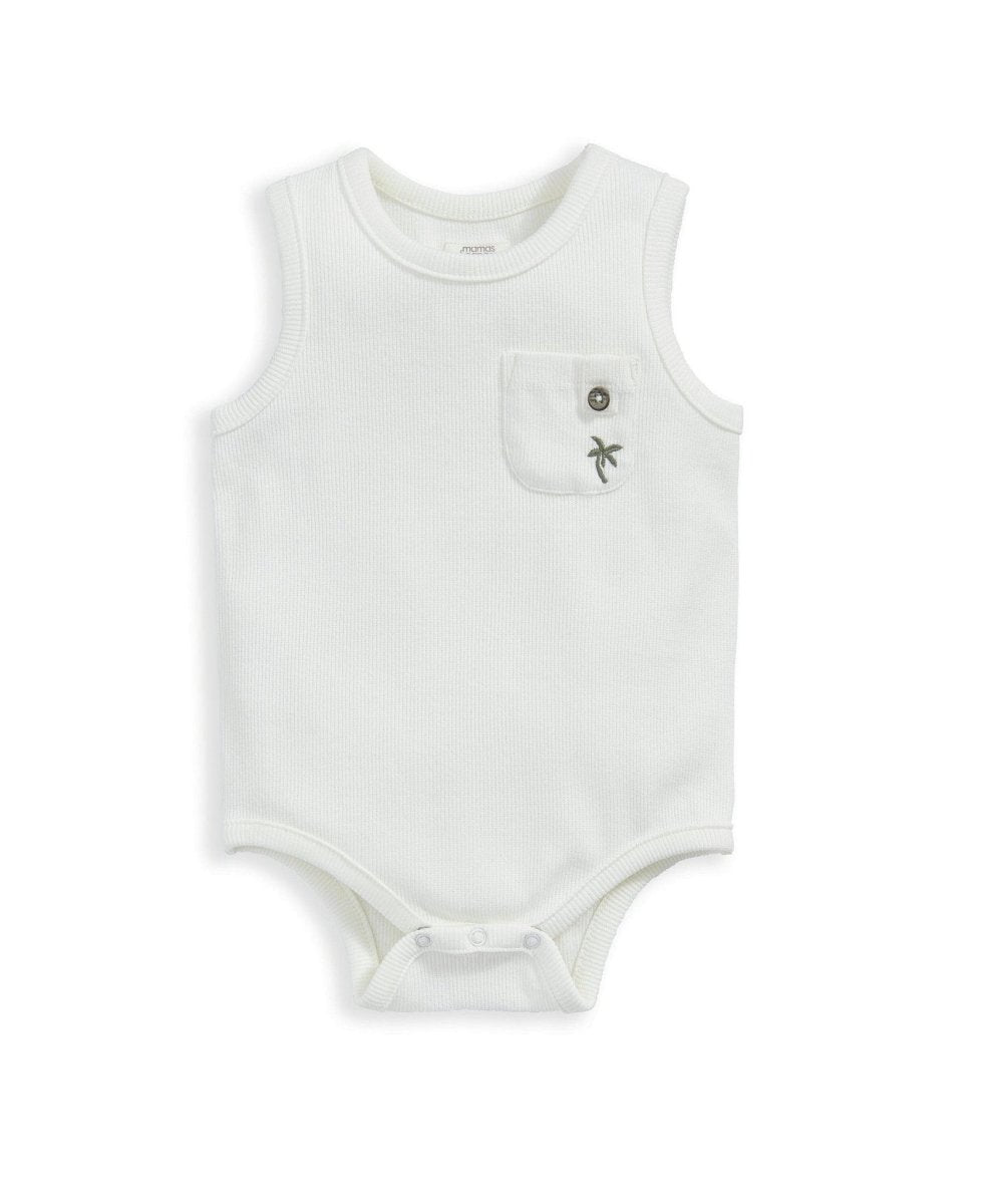 White sleeveless bodysuit with snap crotch and chest pocket palm icon