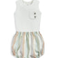 White sleeveless bodysuit with chest pocket and pastel striped bloomer shorts