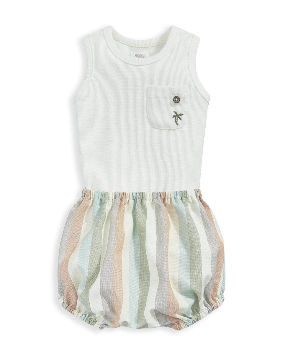 White sleeveless bodysuit with chest pocket and pastel striped bloomer shorts
