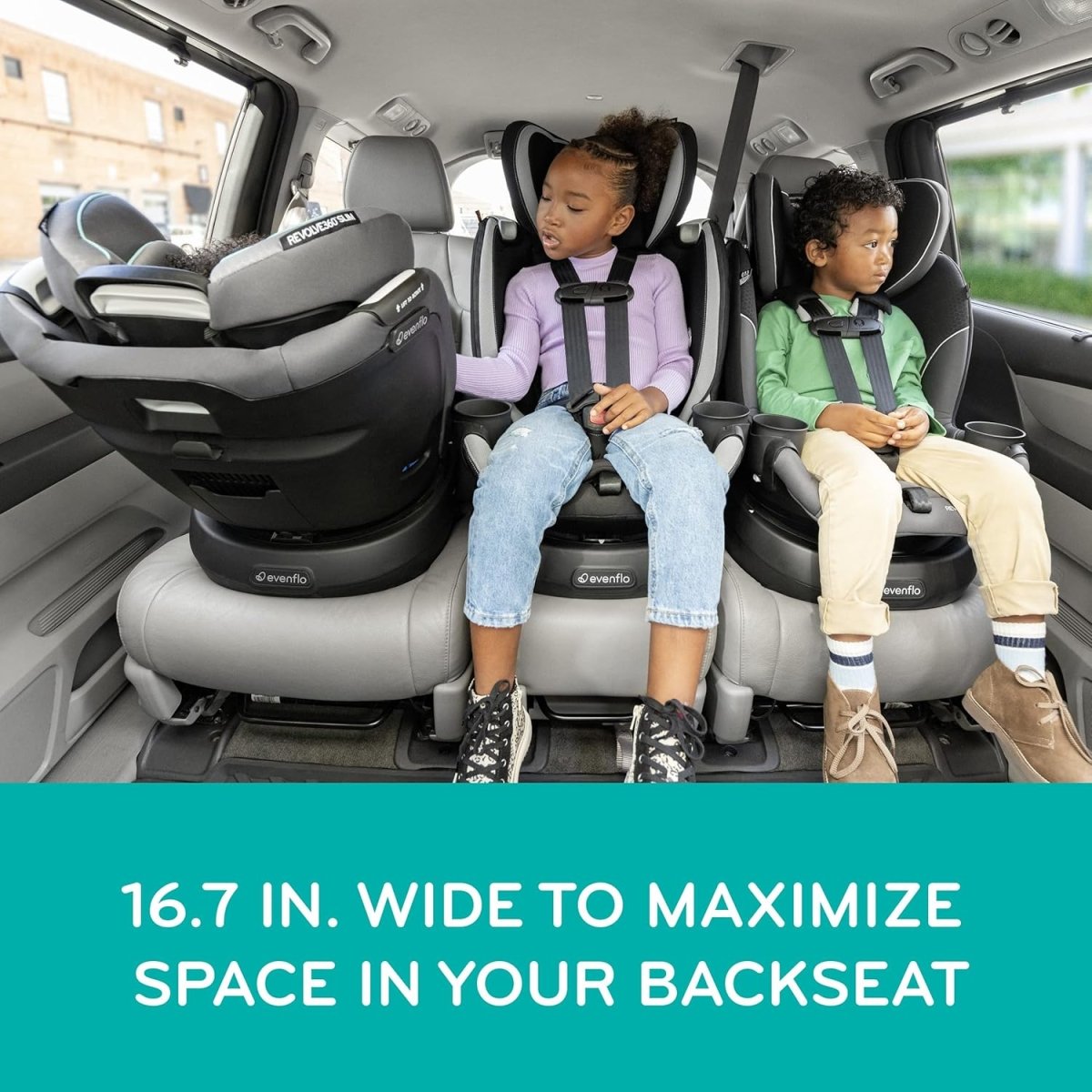 Rotational convertible car seat in car with five-point harness and padded headrest