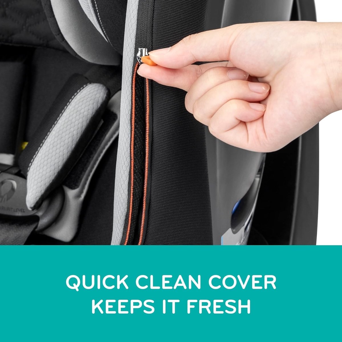 Rotational convertible car seat cover with zipper pull near side harness straps