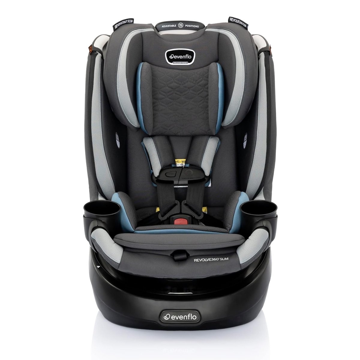 Rotational convertible car seat with dark gray fabric and blue padded accents