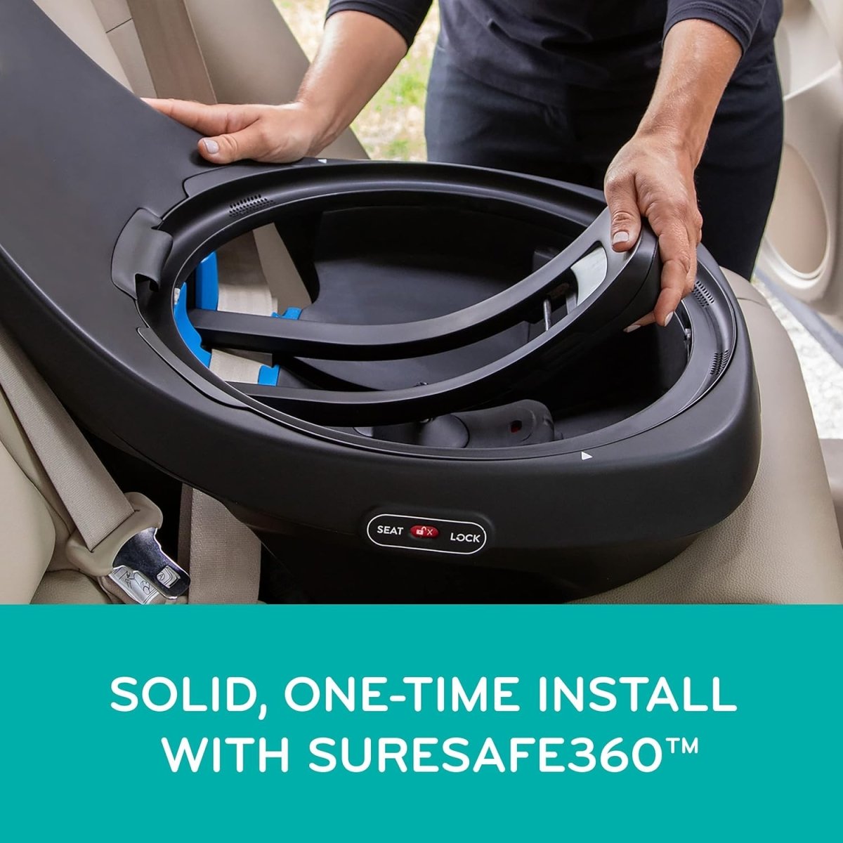 Rotational convertible car seat base with rotation ring and blue indicator clips