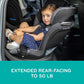 Rotational convertible car seat with cushioned sides and blue-accented harness
