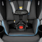 Rotational convertible car seat with harness straps and red buckle release button
