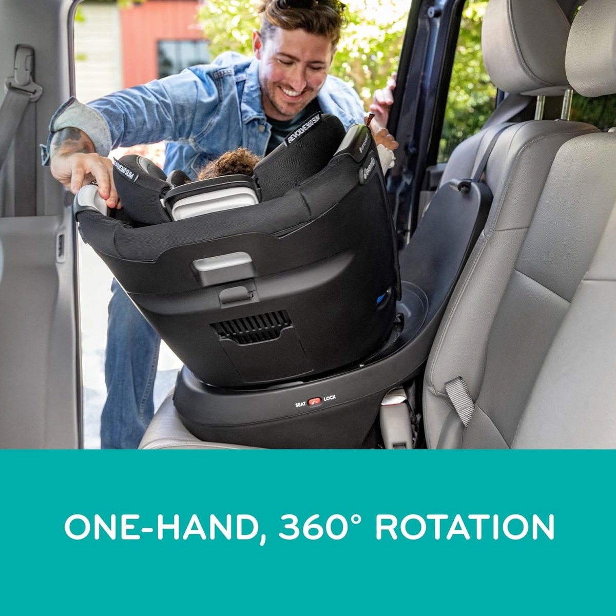 Rotational convertible car seat being placed in a car, showing black base and belt