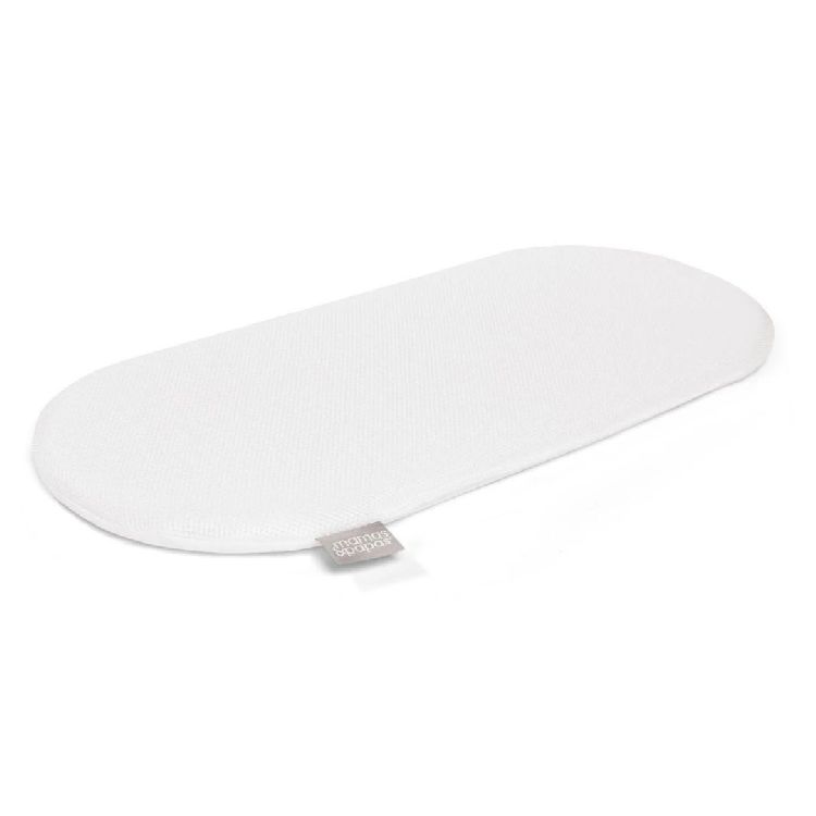 Small Moses basket mattress, white oval padded cover with tag detail
