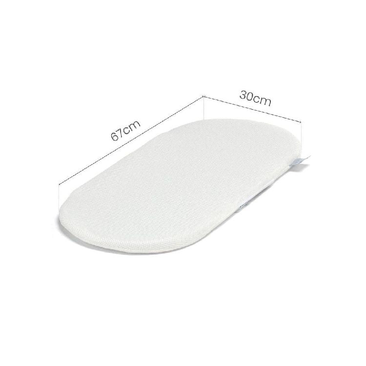 Small Moses basket mattress, white oval with dimensions 67cm by 30cm