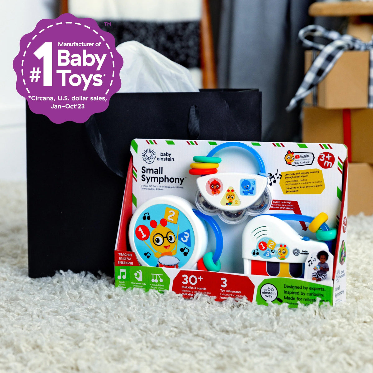 3-piece musical toy set in retail box with plastic instruments and handle