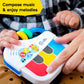 Hands playing a 3-piece musical toy with press buttons and colored keys