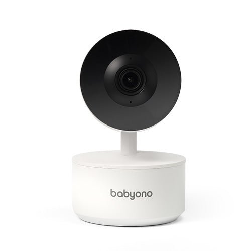 Baby monitor camera with black circular lens, white base, centered angle.
