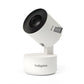 Baby monitor smart camera on white base, black lens dome, front view.