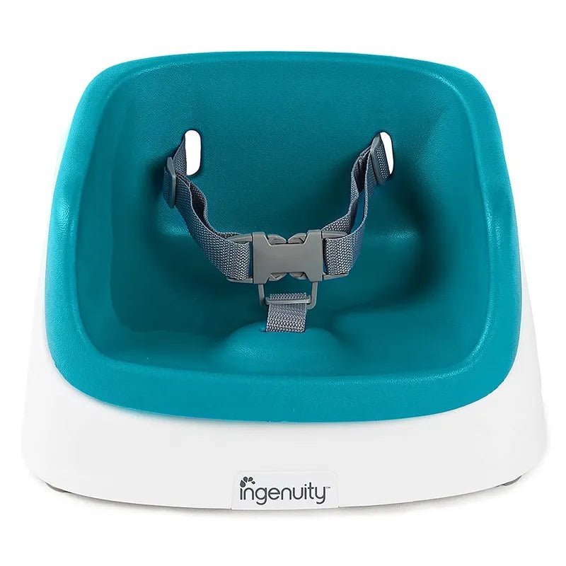 Peacock green toddler booster seat with front harness straps and buckle
