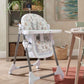 Highchair with illustrated animal fabric seat and back, white frame and gray legs