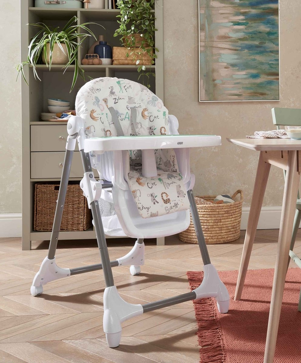 Highchair with illustrated animal fabric seat and back, white frame and gray legs