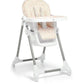 Highchair with cream speckled fabric seat and back, white tray and base