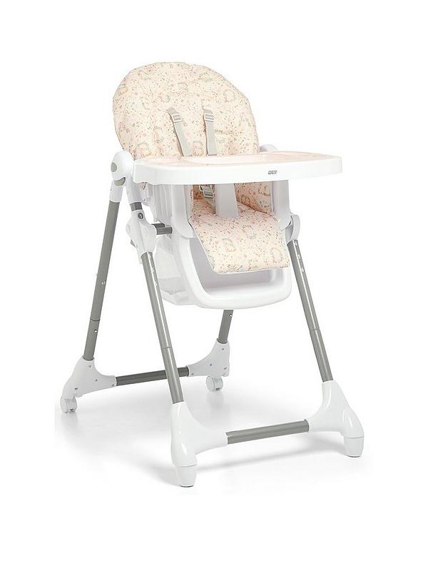 Highchair with cream speckled fabric seat and back, white tray and base