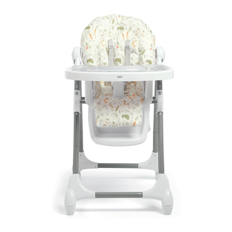 Highchair with light printed fabric seat and back and white tray, gray legs