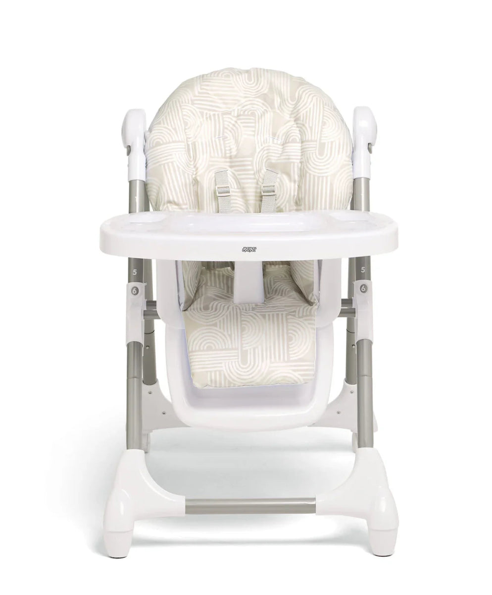 Highchair with cream fabric seat and back with subtle maze pattern, white frame