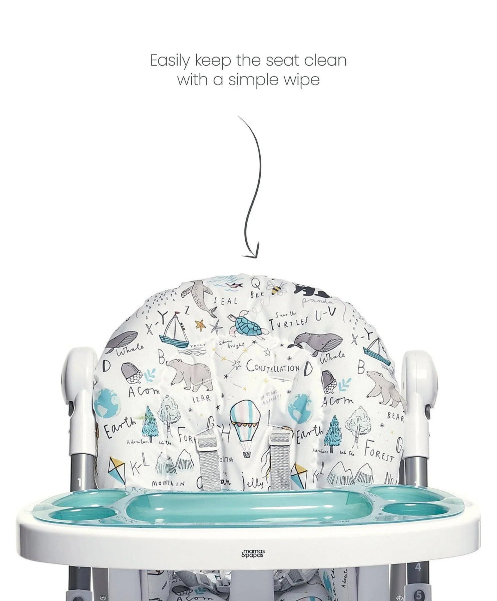 Highchair with animal alphabet fabric back and tray with teal cup holders