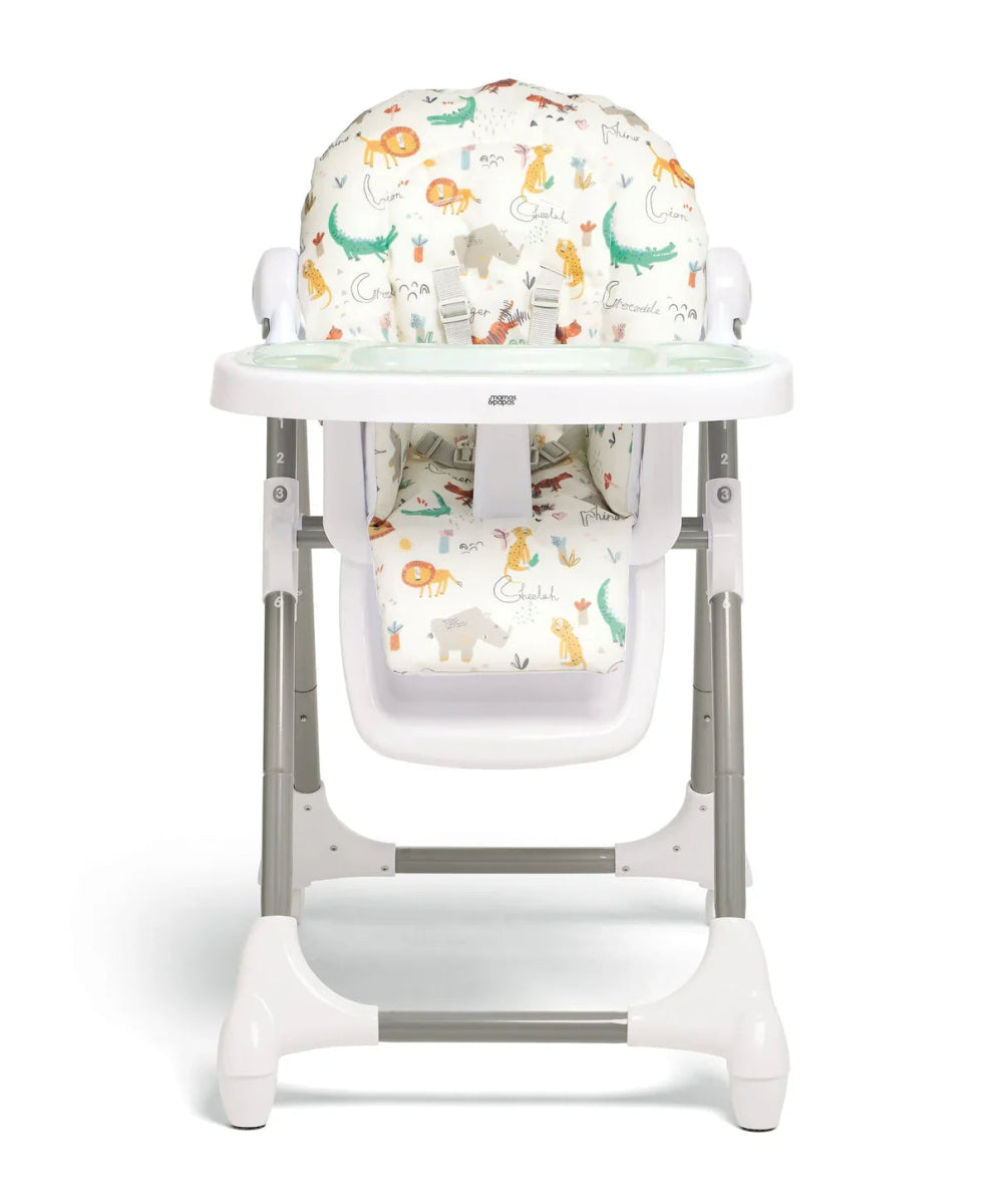 Patterned fabric highchair with white frame and illustrated animals on seat and back