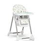 Baby high chair with white frame and alphabet-print seat and headrest