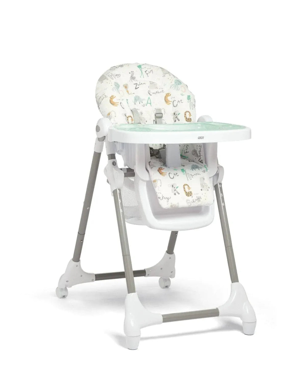 Baby high chair with white frame and alphabet-print seat and headrest