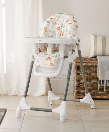 Baby high chair with white tray, light gray legs, and animal alphabet seat