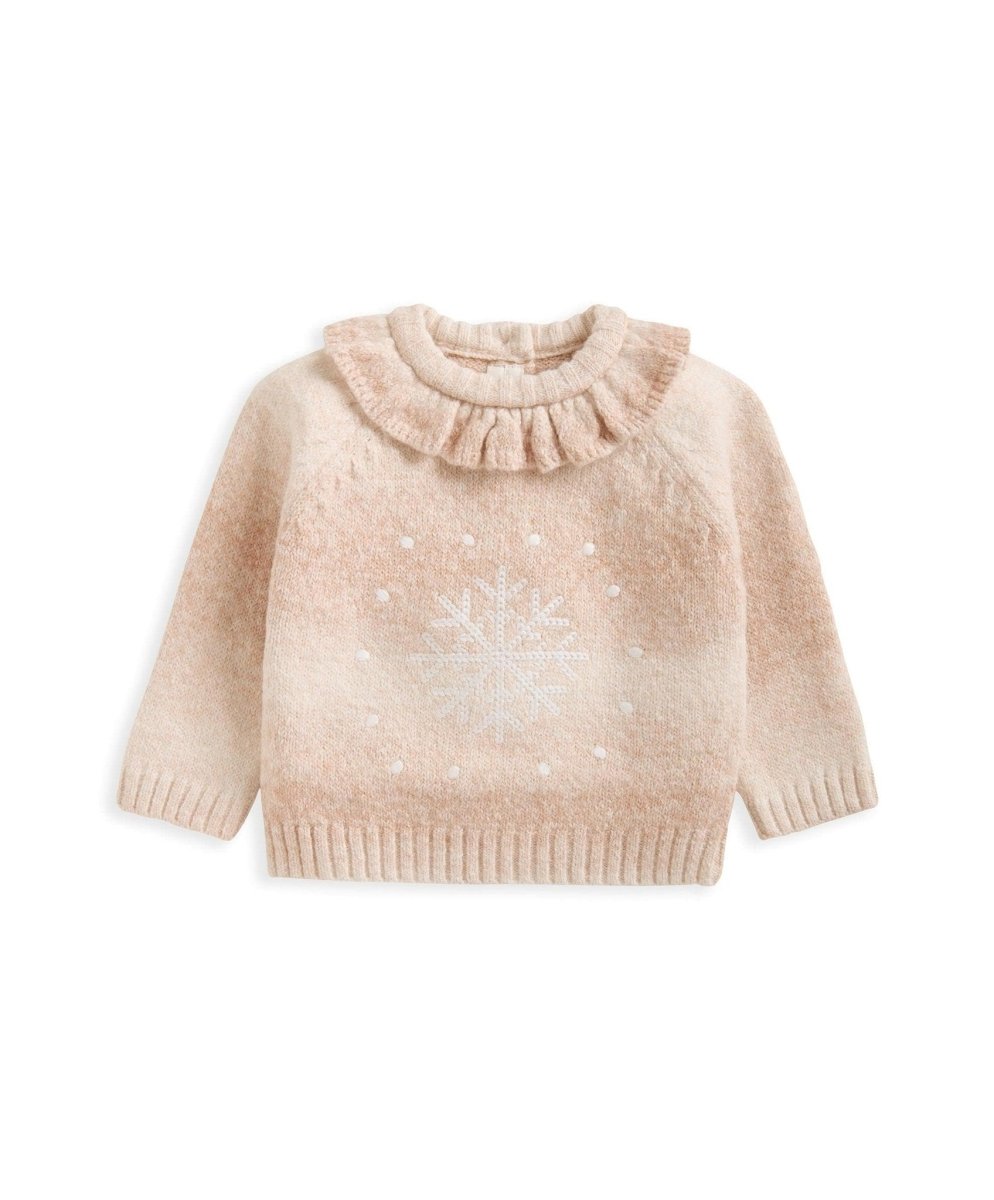 Light beige kids' snowflake knit jumper, ruffled high neck, long sleeves (flat lay)
