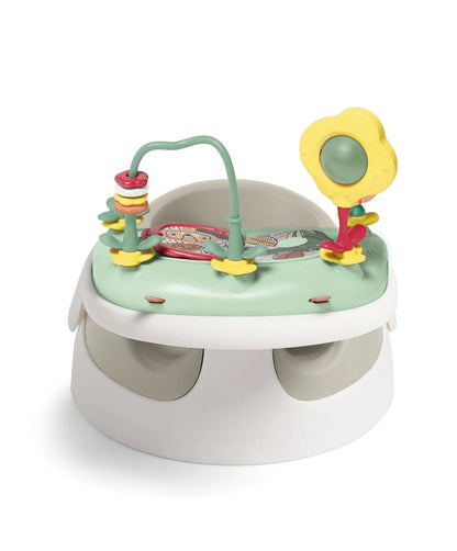Baby floor seat with activity tray, mint top and gray base, yellow mirror toy