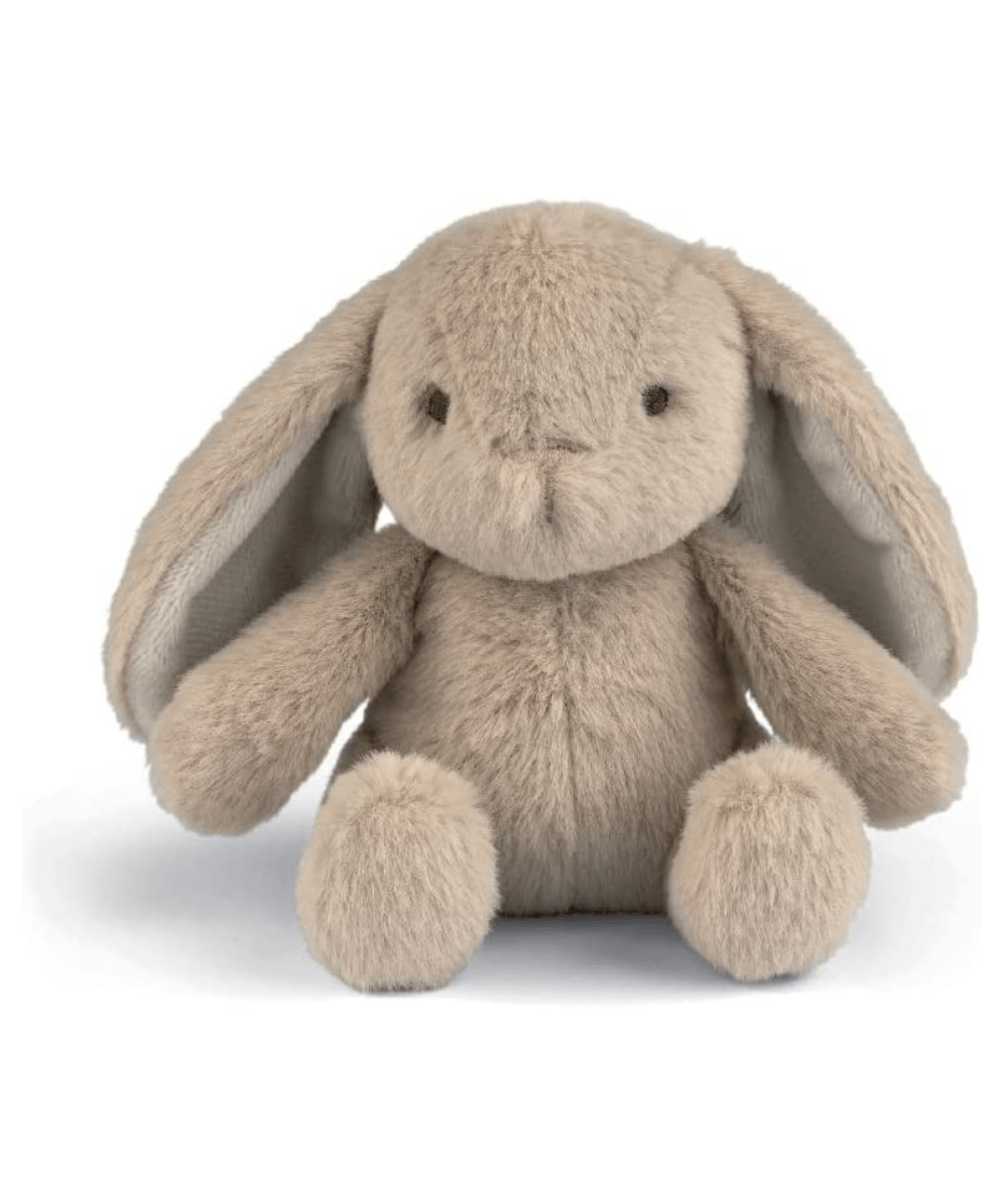 Bunny soft plush toy, light gray with floppy ears and stitched eyes