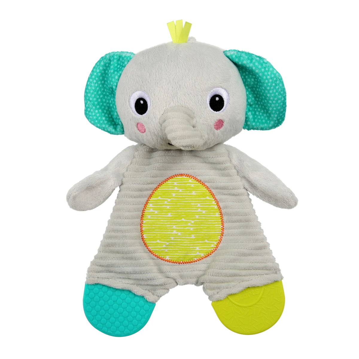 Plush elephant teether toy, gray fabric with teal ears and yellow textured belly patch.
