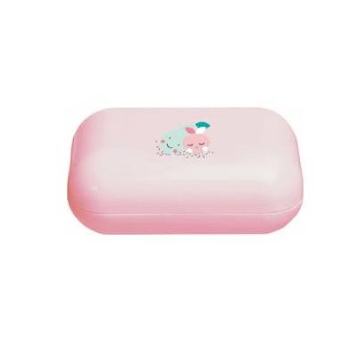 Soapbox Blush Baby soap box, pink rounded lid with small cartoon graphic