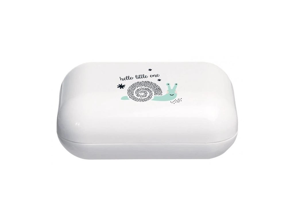 White soap case with cute "hello little one" whale illustration