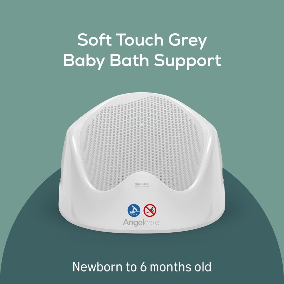 Grey baby bath support with soft-touch perforated insert and curved white base