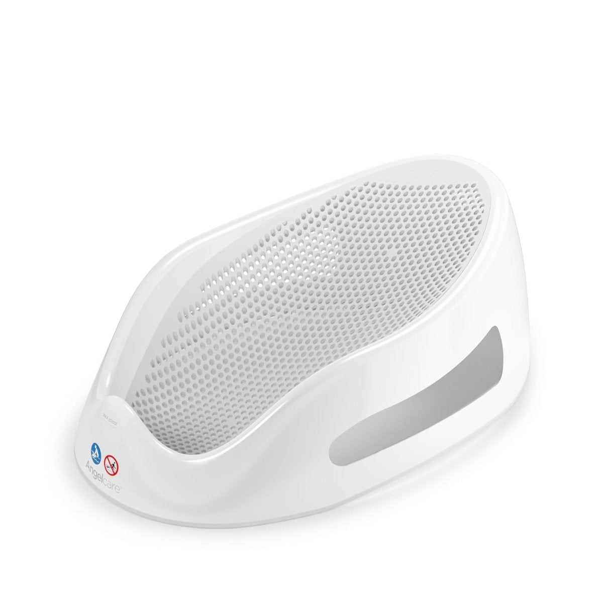 White baby bath support with grey soft-touch perforated insert and curved base