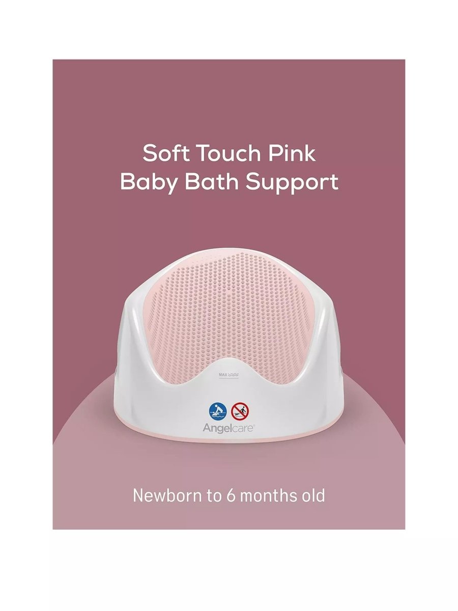 Pink baby bath support with soft-touch perforated insert and curved white base