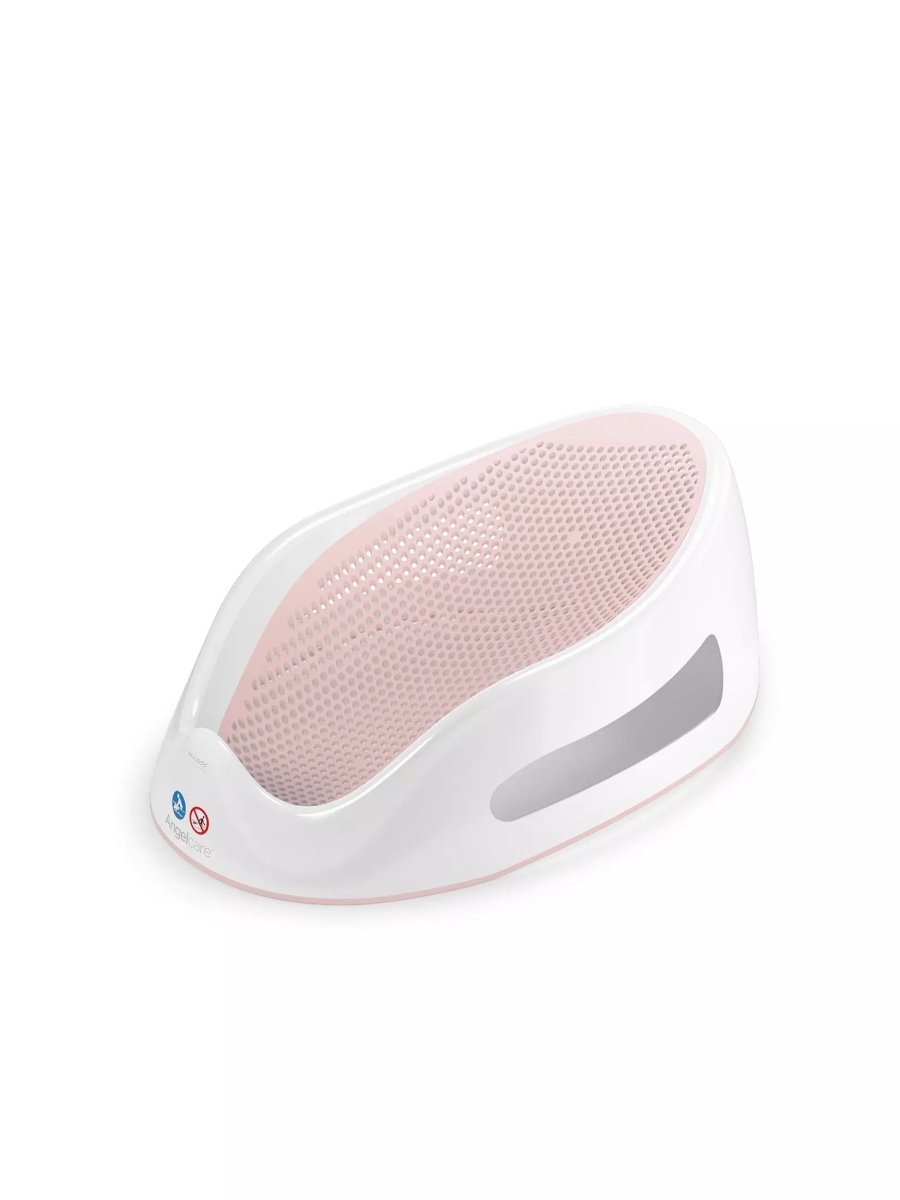 White baby bath support with pink soft-touch perforated insert and curved base