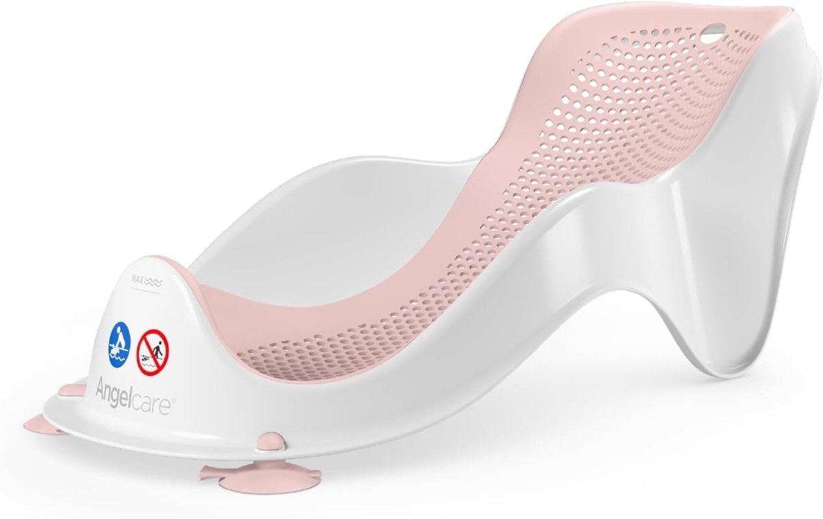 Soft Touch mini bath support, pink mesh insert on white cradle