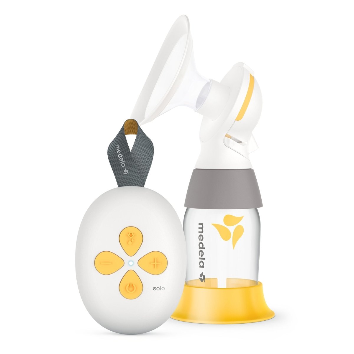 Electric breast pump with white base, gray center, yellow ring, and round control pod