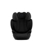 Black car seat with padded headrest and armrests, front view