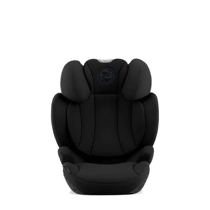 Black car seat with padded headrest and armrests, front view