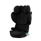 Black car seat with headrest, side wings, and padded 5-point harness