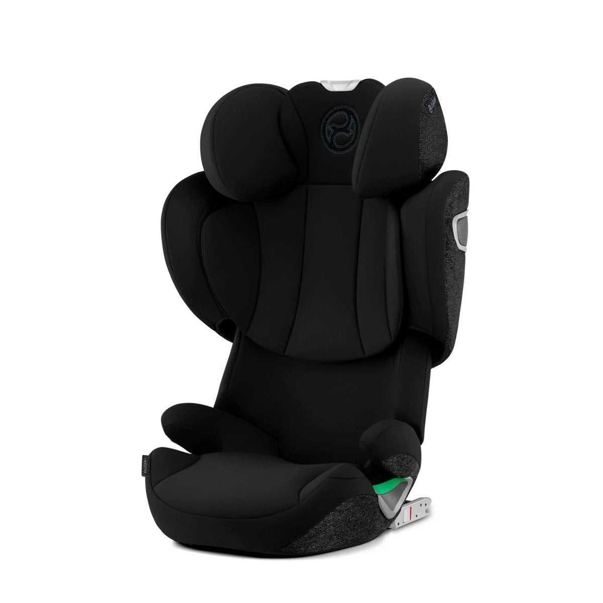 Black car seat with headrest, side wings, and padded 5-point harness