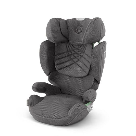 Medium grey car seat with side wings, harness straps, and integrated headrest, 3/4 view