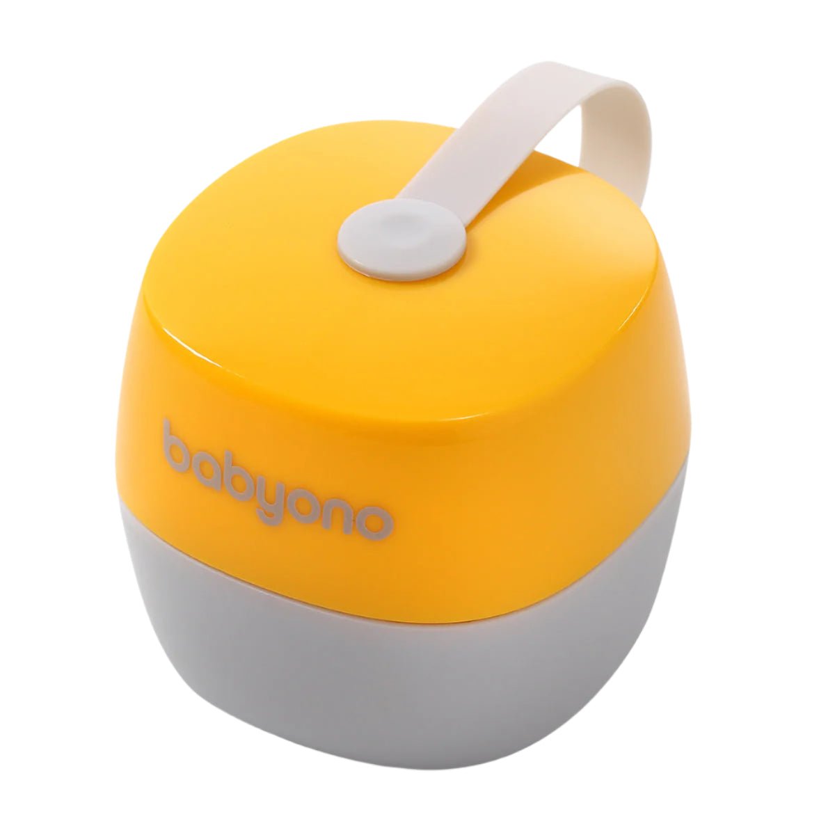 Yellow soother case with carrying handle and babyono logo on front, compact lid style.